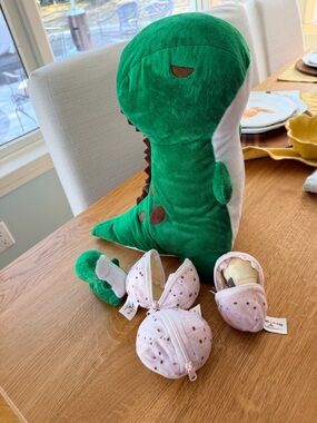 Green Plush Dinosaur Toy with 3 babies in eggs snug-a-babies